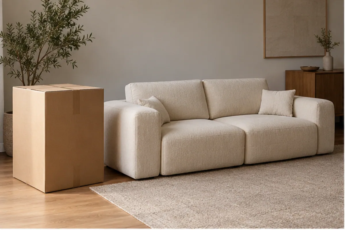 compact carton beside a complete sofa